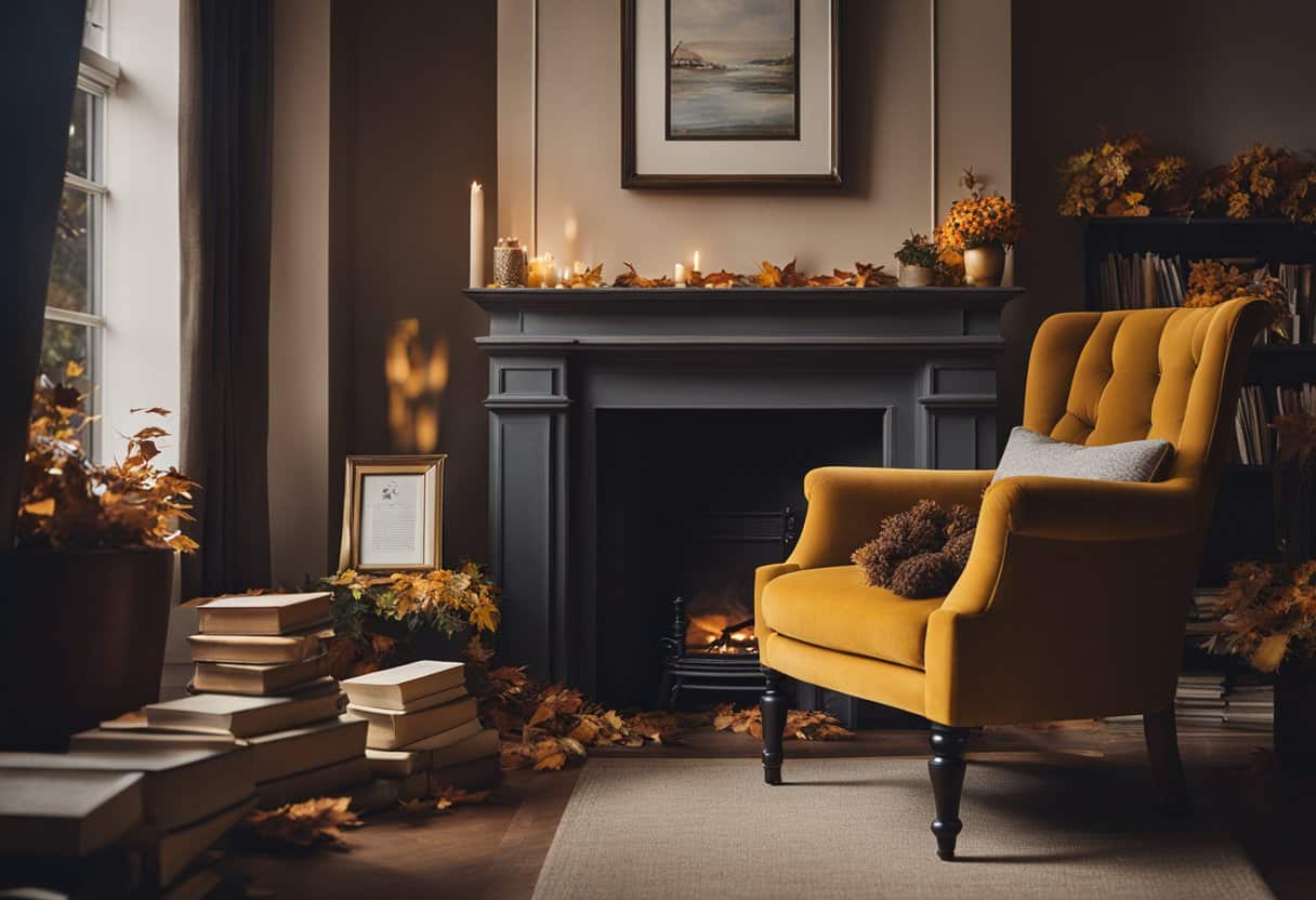 A cozy armchair by a fireplace, with a stack of books including "The Goldfinch" by Donna Tartt, surrounded by autumn leaves and a warm, inviting atmosphere