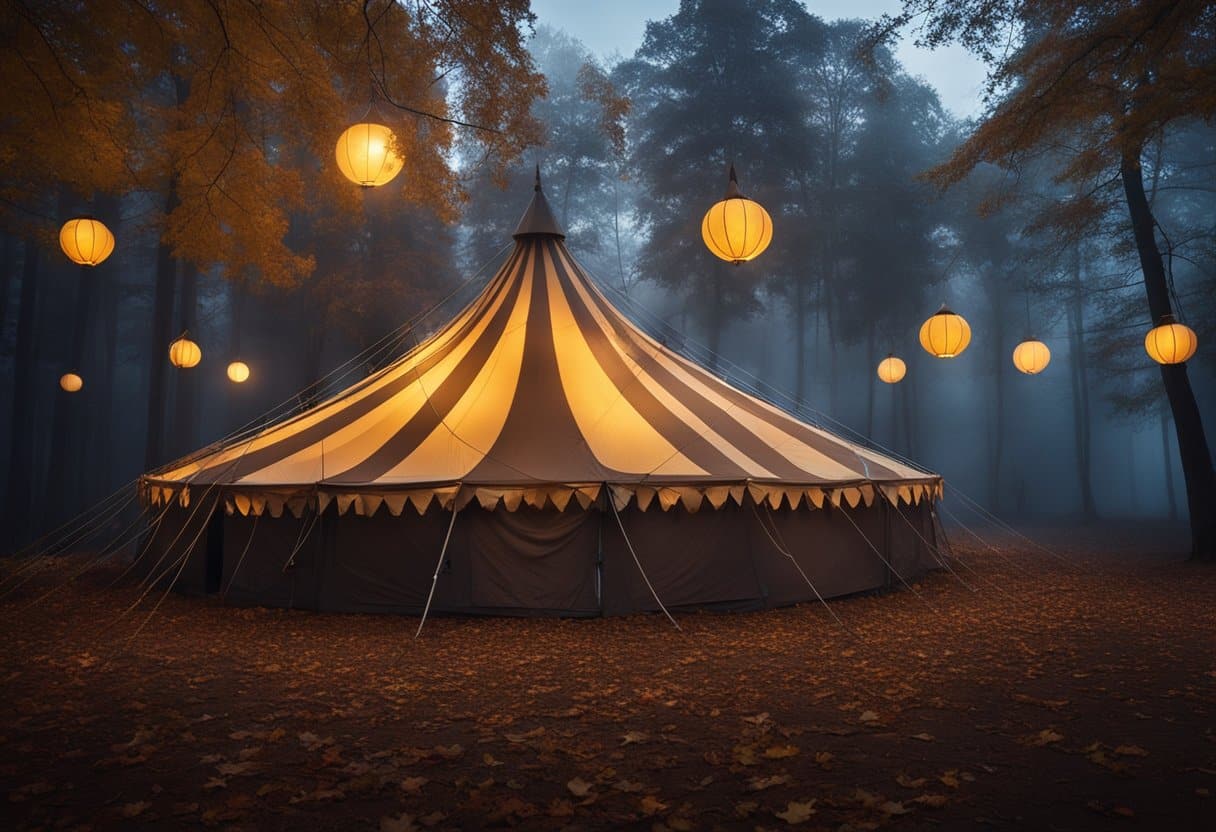 A moonlit circus tent with glowing lanterns, surrounded by autumn trees in a misty forest