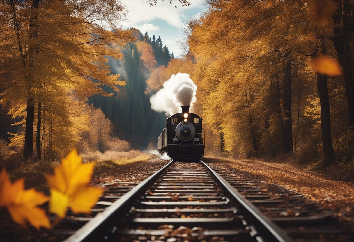 A train speeding through a colorful autumn landscape, with leaves falling and a sense of mystery in the air