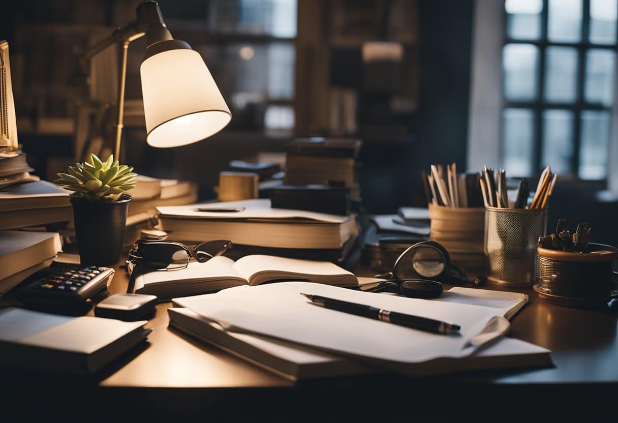 A cluttered desk with scattered art supplies, a stack of books on aesthetics, and a dimly lit study lamp