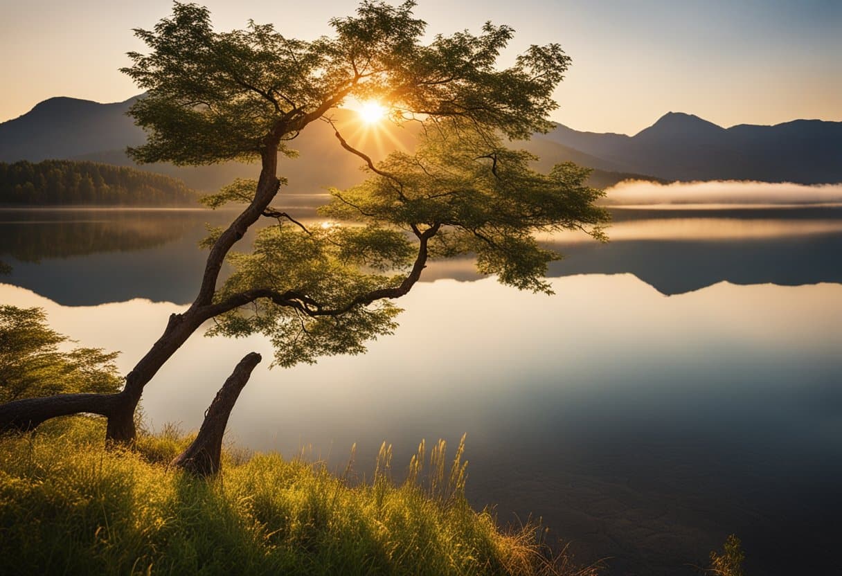 A serene landscape with a majestic mountain peak, a tranquil lake, and lush, vibrant foliage. The sun sets in the distance, casting a warm, golden glow over the scene