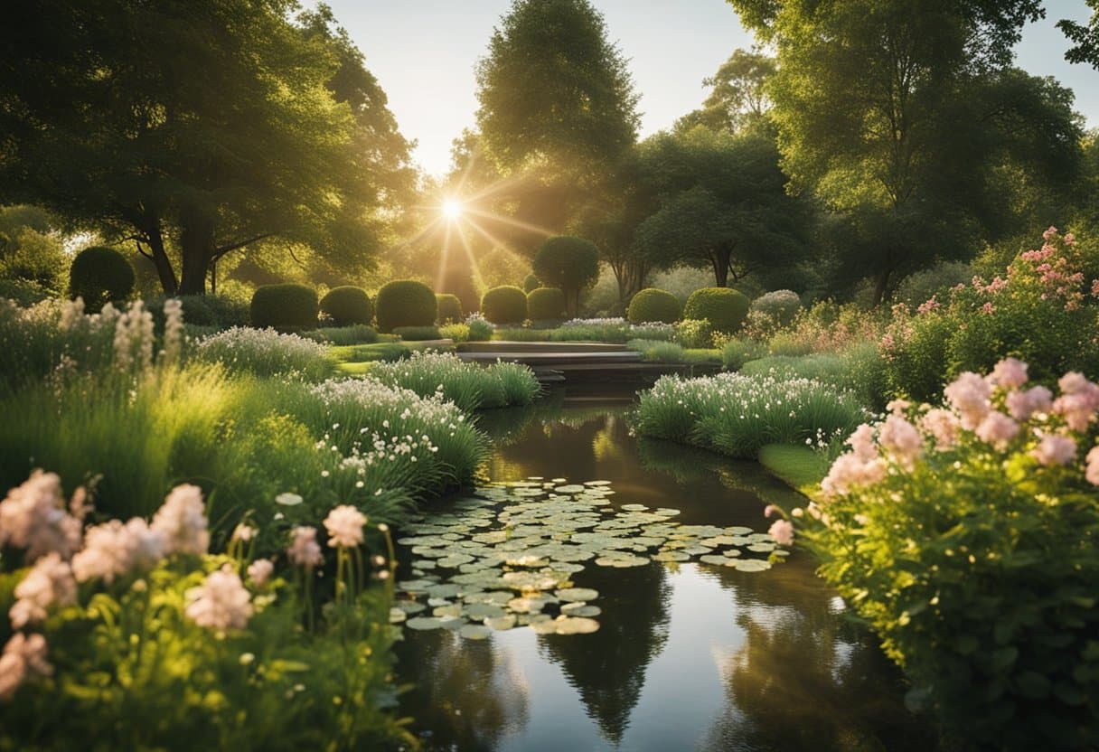 A serene garden with blooming flowers and a calm stream, surrounded by lush greenery and bathed in warm sunlight