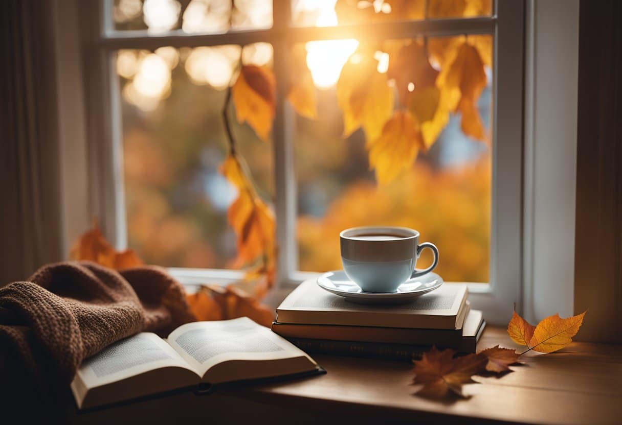 A cozy reading nook with a stack of books, a warm blanket, and a steaming cup of tea, surrounded by colorful autumn leaves and a soft, golden light filtering through the window