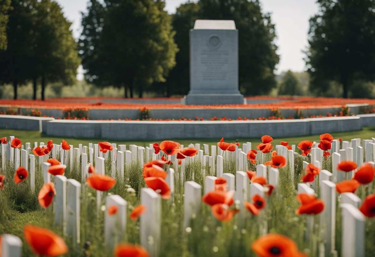 A field of poppies and a war memorial with wreaths and flags