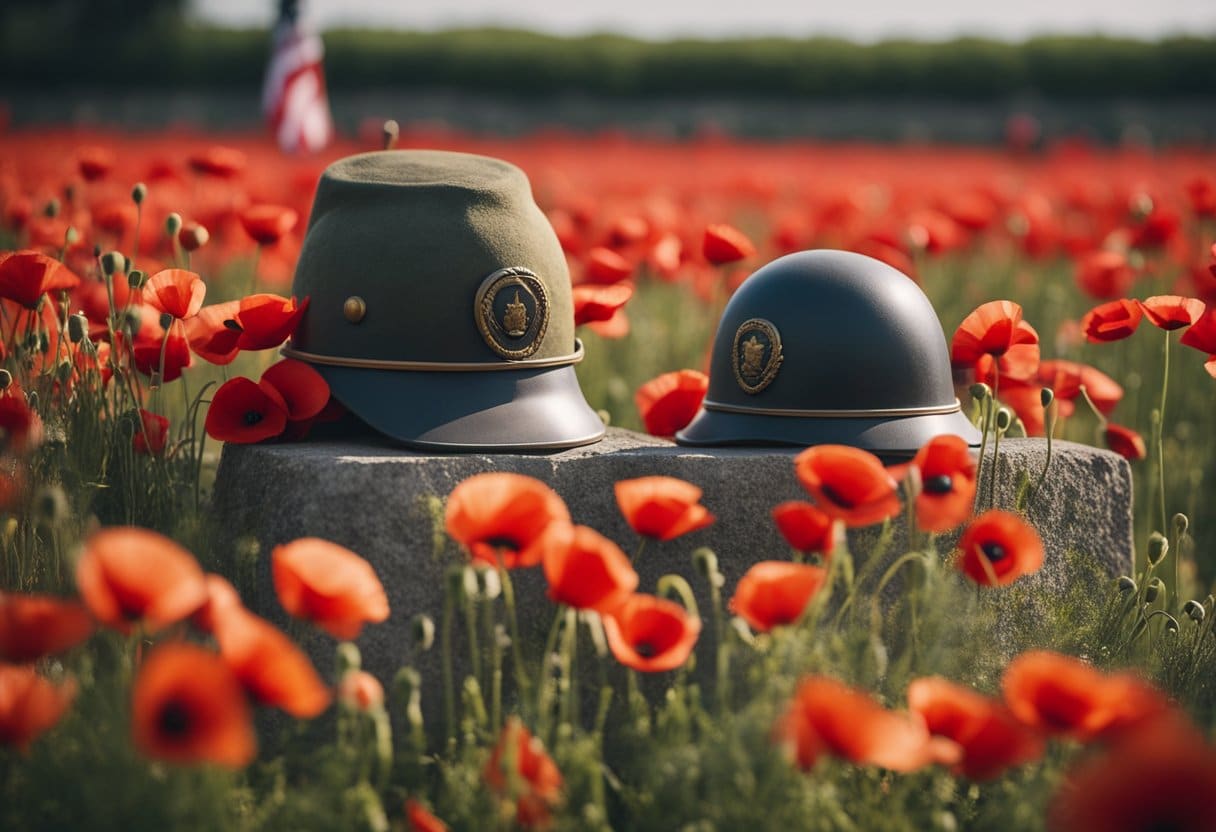 A field of poppies with a solitary soldier's helmet placed on a memorial stone. A wreath and flags nearby. A somber, respectful atmosphere