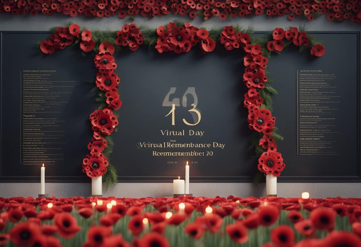 A virtual Remembrance Day ceremony with poppy wreaths, candles, and a digital display of names