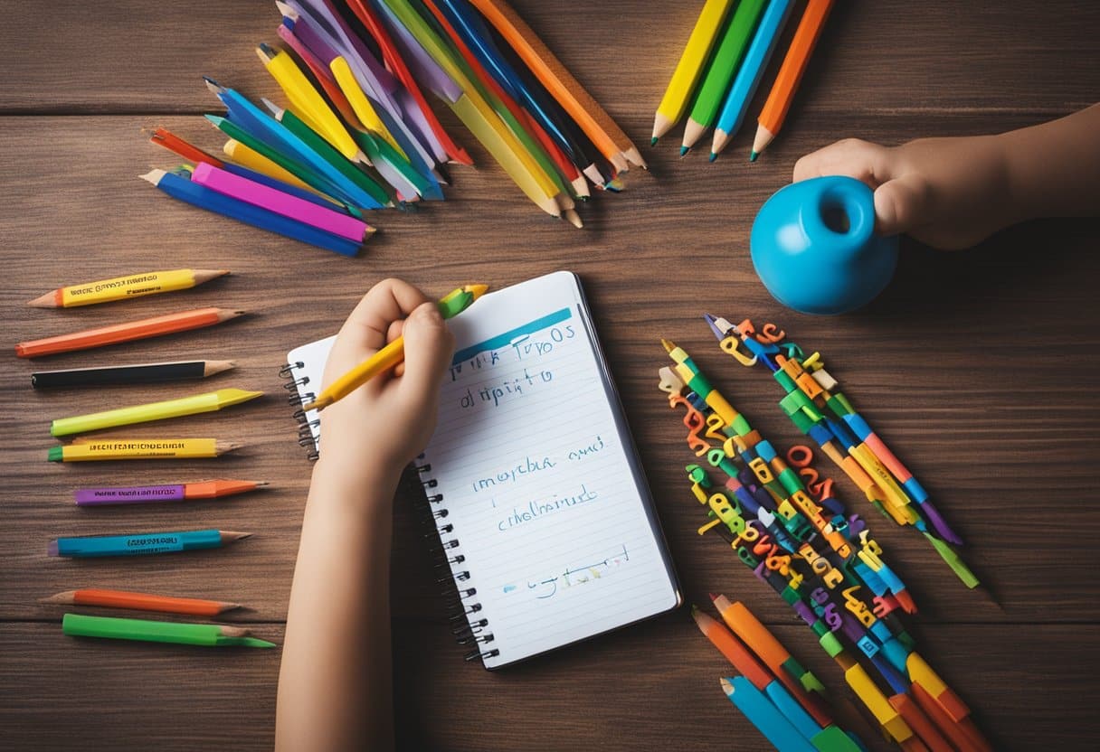 A child's hand holding a pencil, surrounded by colorful writing tools and a notebook with the title "10 Tips For Improving Children's Writing."