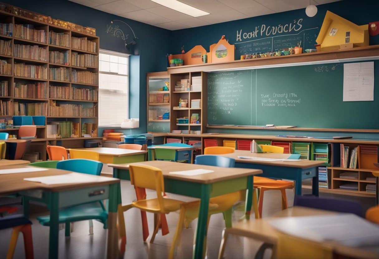 A cozy, colorful classroom with shelves of books, a chalkboard, and a desk with paper and pencils. Brightly colored posters with writing tips adorn the walls