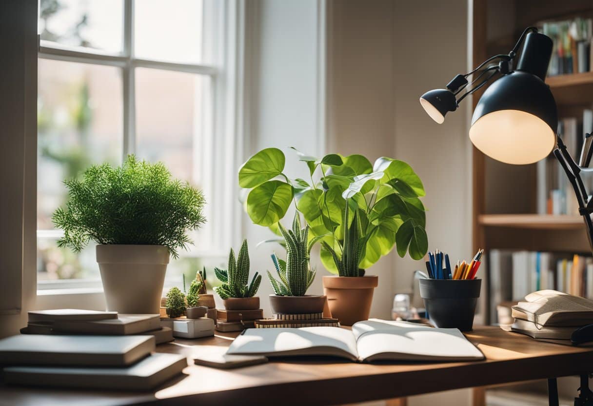 A cozy, well-lit study space with a desk, chair, bookshelf, and various writing materials such as notebooks, pens, and colorful markers. A window lets in natural light, and a potted plant adds a touch of greenery