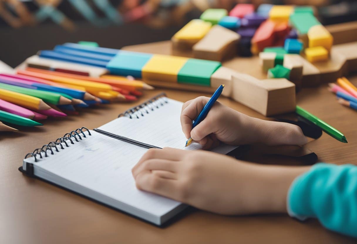 A child's hand writing in a notebook, surrounded by colorful pencils, erasers, and a ruler on a clean, organized desk
