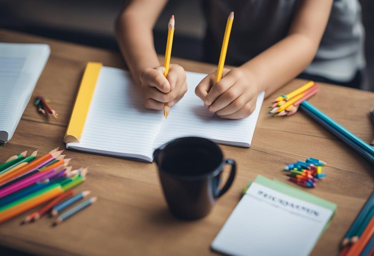 A child's hand writing on a piece of paper, surrounded by colorful pencils, books, and a supportive adult offering guidance