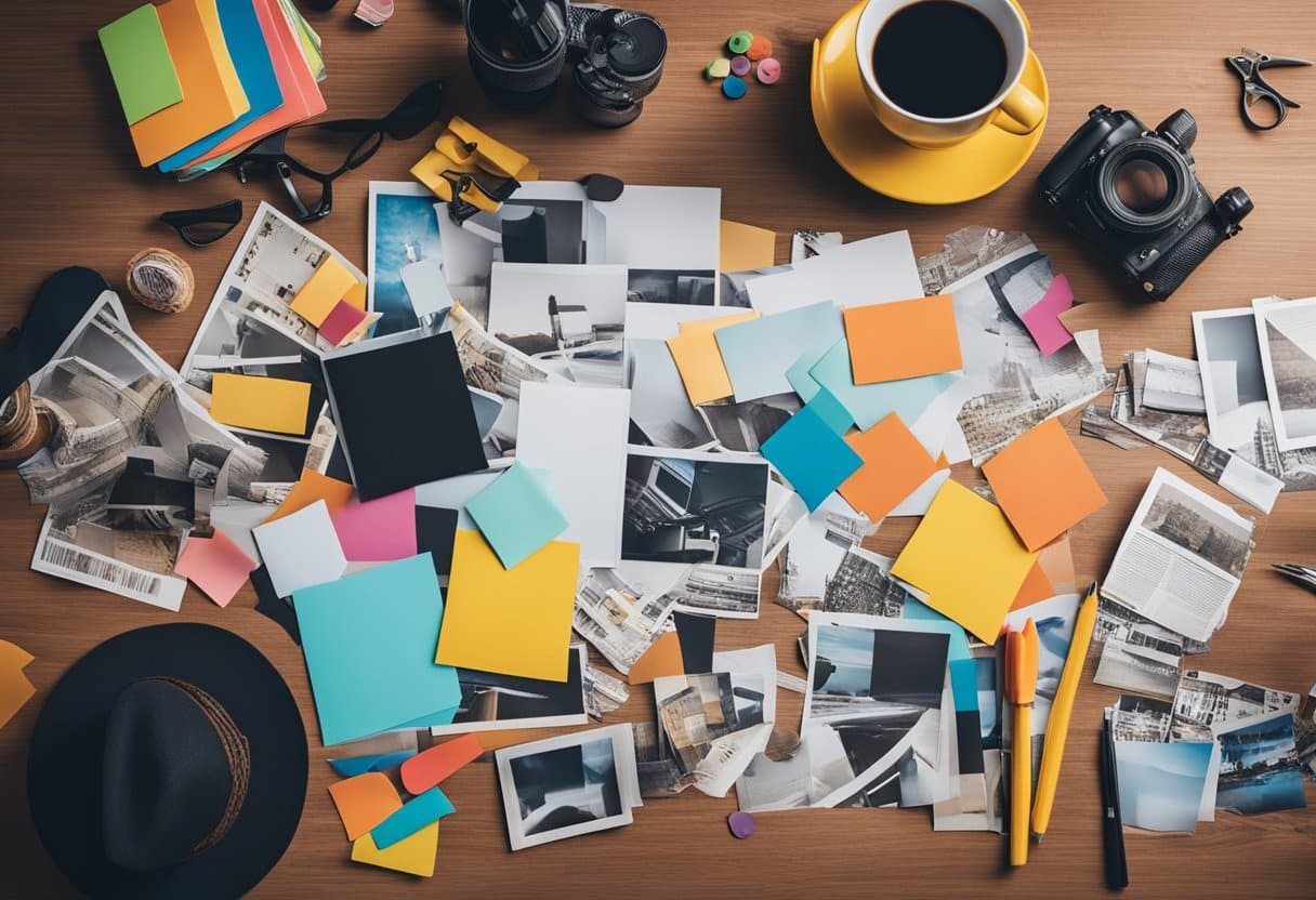 A table with magazines, scissors, glue, and colorful images scattered around. A blank poster board with markers and stickers nearby