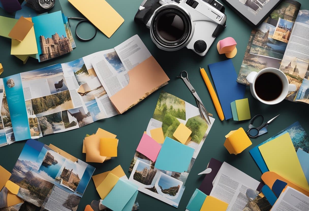 A table with magazines, scissors, glue, and colorful images scattered around. A blank poster board is ready to be filled with intentions and goals