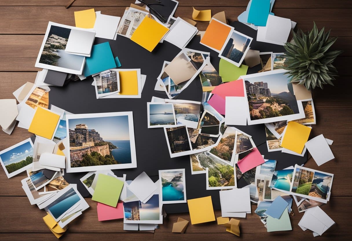 A table with magazines, scissors, glue, and colorful images scattered around. A blank board is ready to be filled with inspiring visuals