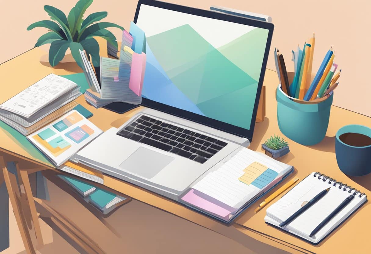 A desk with a planner, textbooks, and a laptop surrounded by motivational quotes and images of success