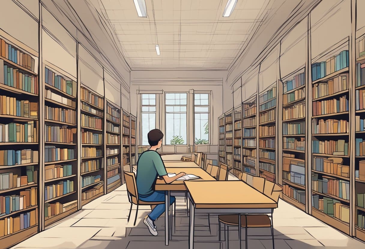 A serene library with 10 shelves, each labeled with a different academic goal. A student sits at a table, surrounded by books and notebooks, mapping out their long-term vision