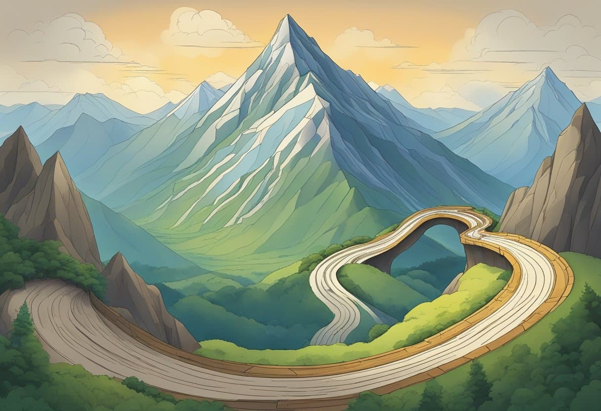 A large mountain peak with a winding path leading to the top, broken down into smaller, manageable sections