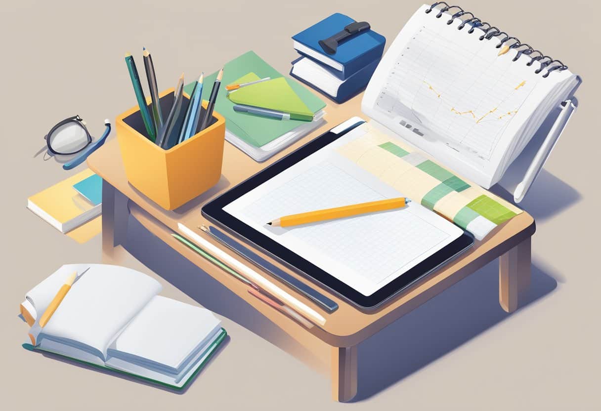 A desk with a notebook, pen, and a SMART criteria poster