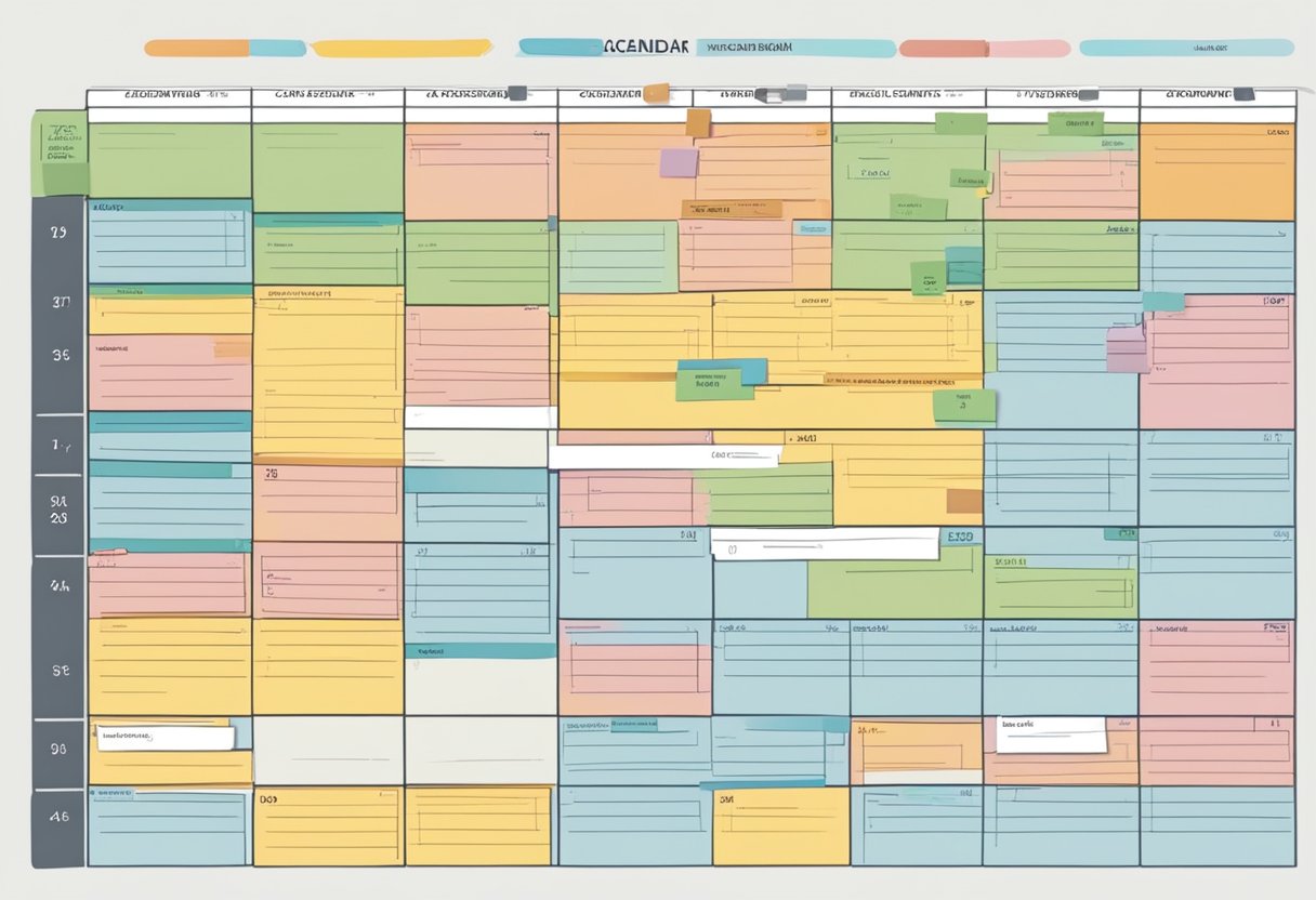 A calendar with labeled academic goals and corresponding deadlines