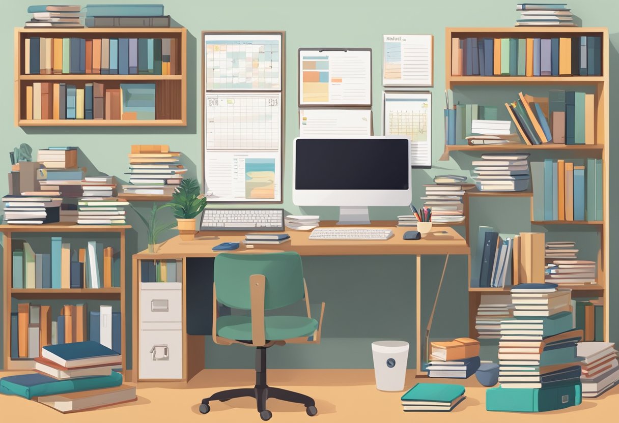 A desk cluttered with books, a calendar with deadlines, a computer with study resources, and a list of academic goals pinned to the wall