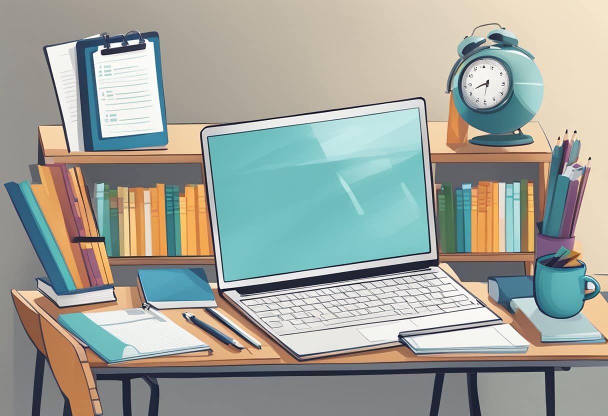 A desk with a neatly organized planner, a stack of books, a laptop, and a motivational poster. A checklist of academic goals is prominently displayed