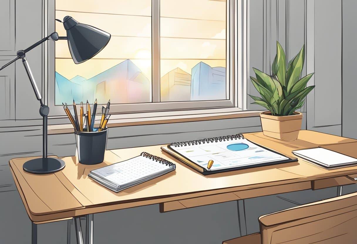 A desk with a calendar, notebook, and pen. A progress chart on the wall. Bright light from a window
