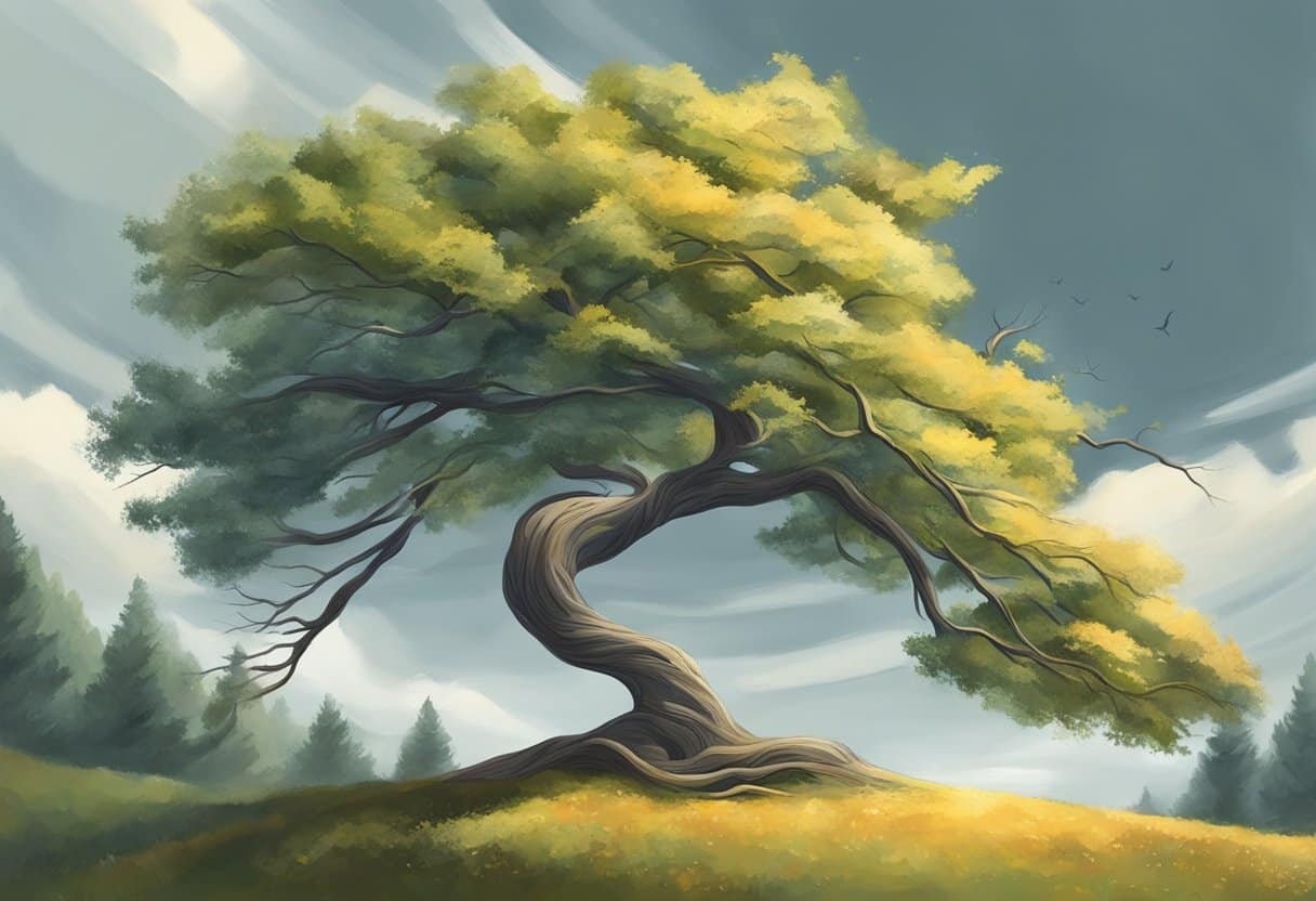 A tree bending and swaying in the wind amidst changing weather and seasons