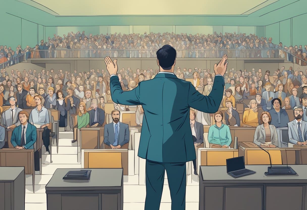A person standing in front of a large audience, using gestures and visual aids to engage the listeners