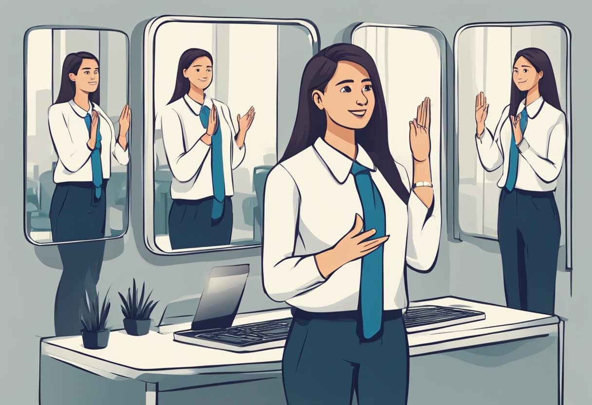 A person stands in front of a mirror, gesturing confidently and practicing public speaking. They experiment with different tones and expressions to improve their delivery