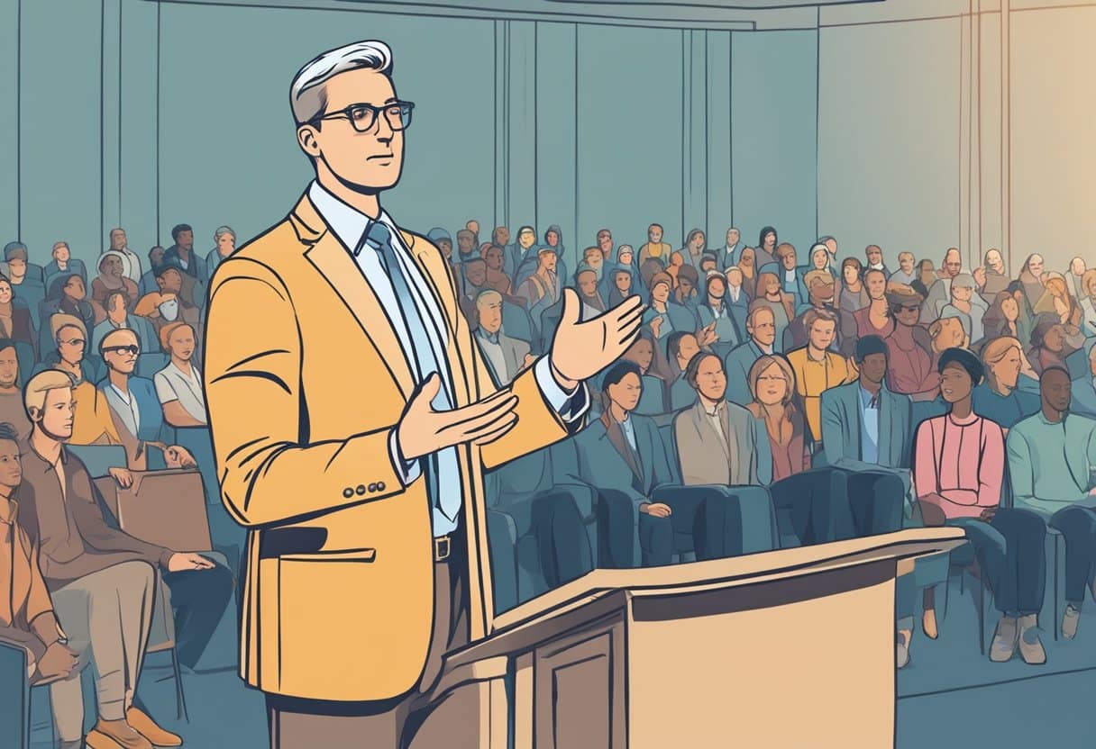A speaker standing confidently on a stage, using hand gestures and engaging eye contact with the audience. A clear and organized visual aid is displayed behind them