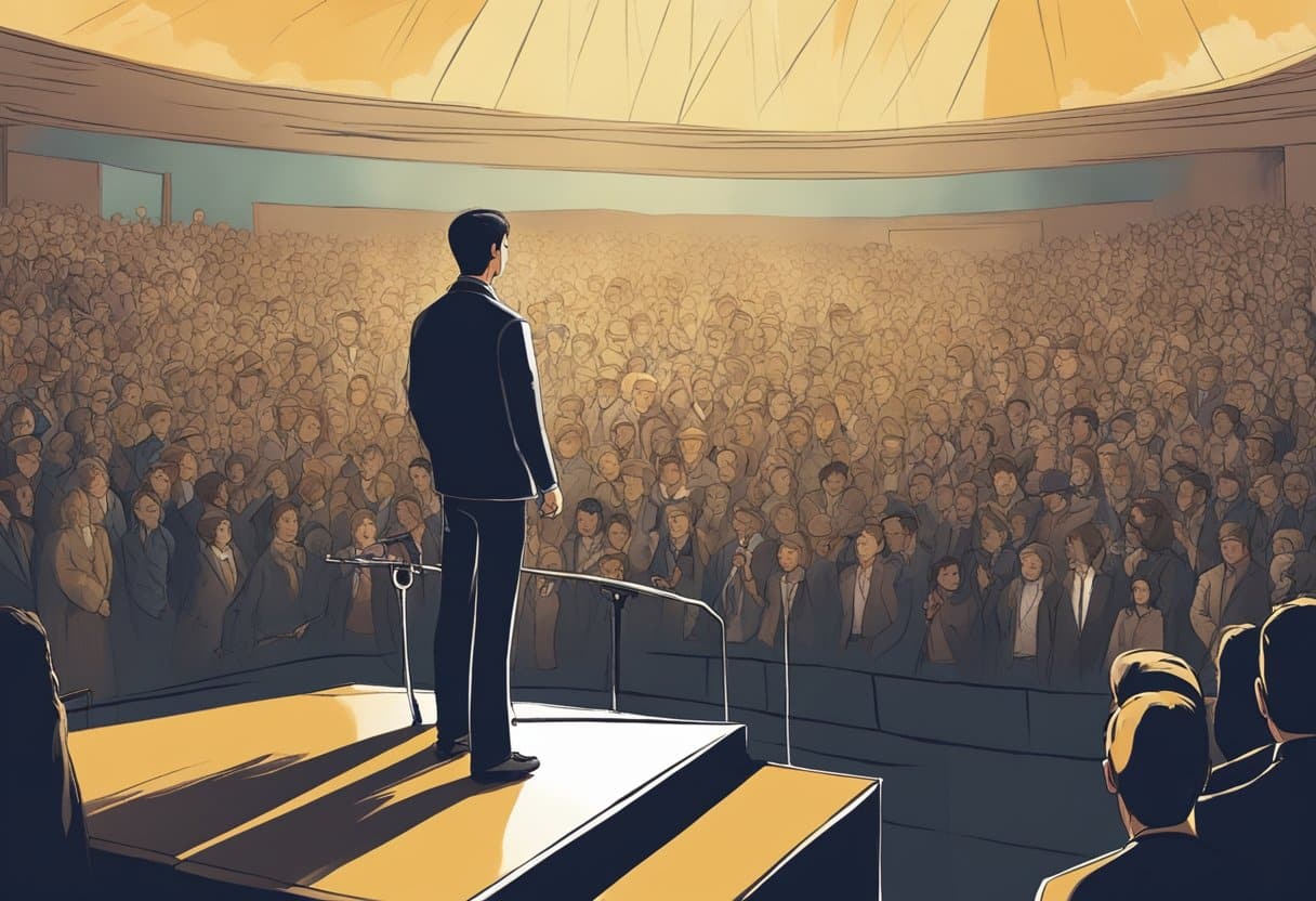 A person standing at the edge of a stage, facing a large audience, with a look of determination on their face