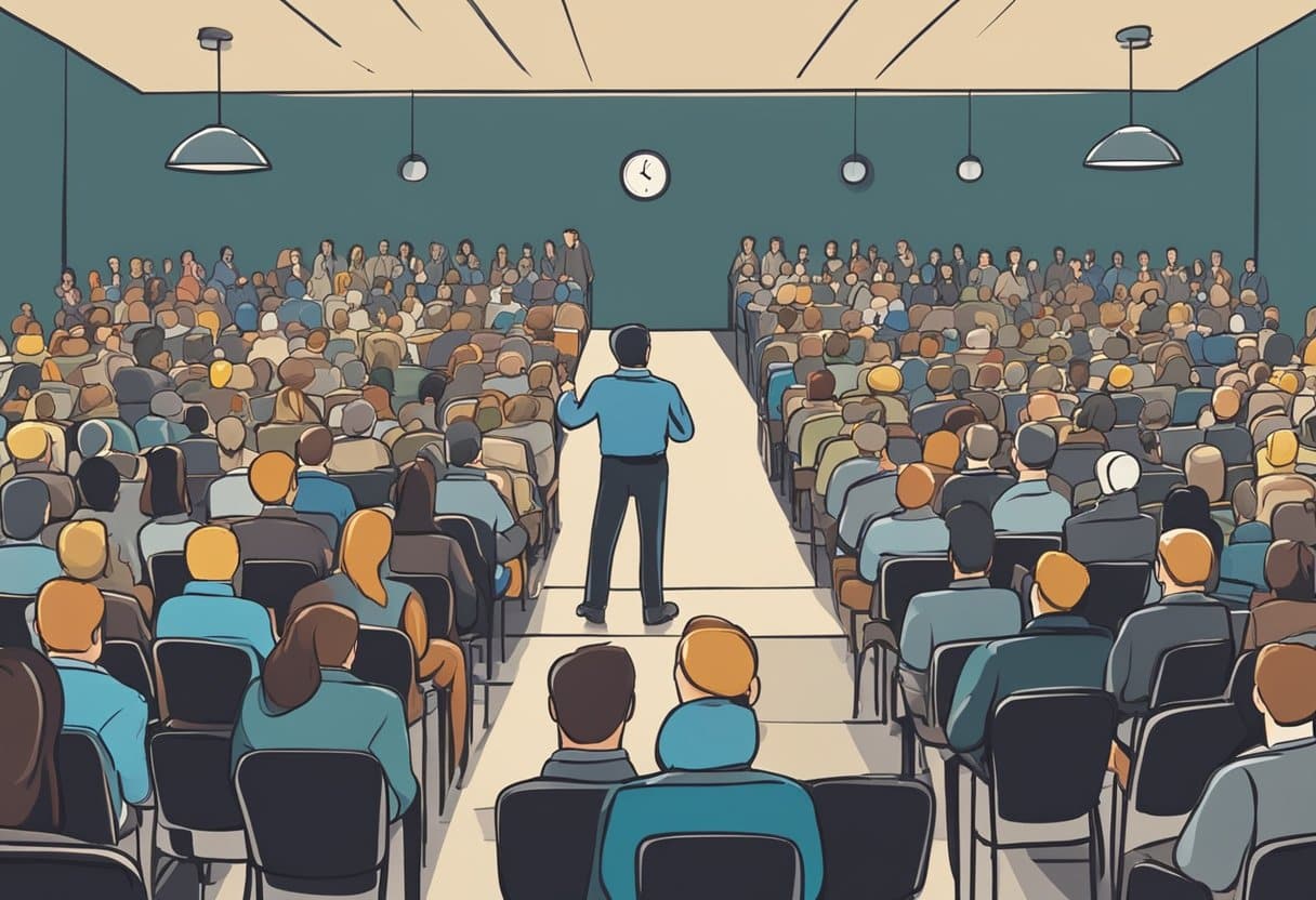A person standing in front of a large audience, speaking confidently and engagingly at a workshop or seminar on public speaking
