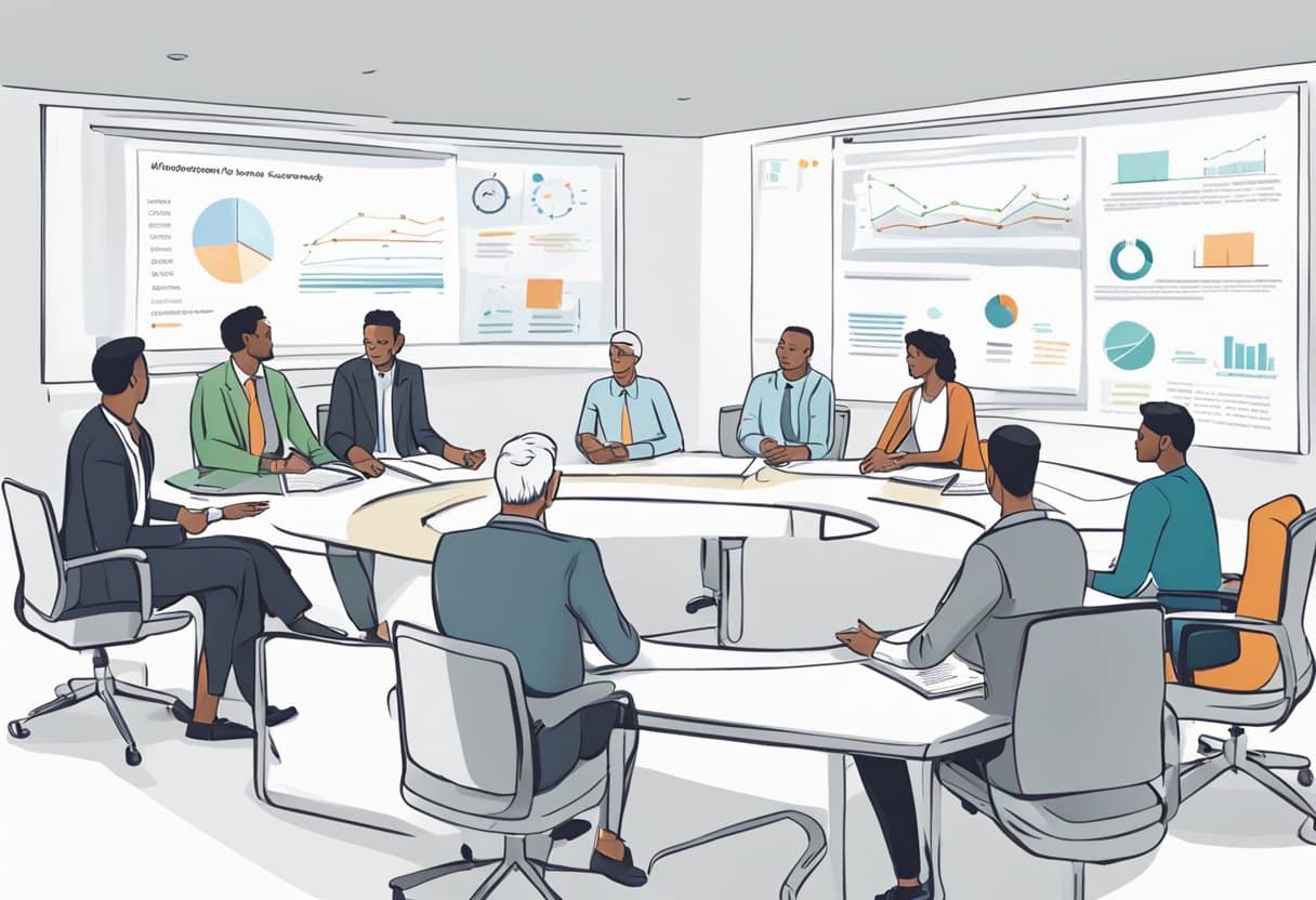 A group of people sitting in a circle, gesturing and discussing. A whiteboard with bullet points and diagrams in the background