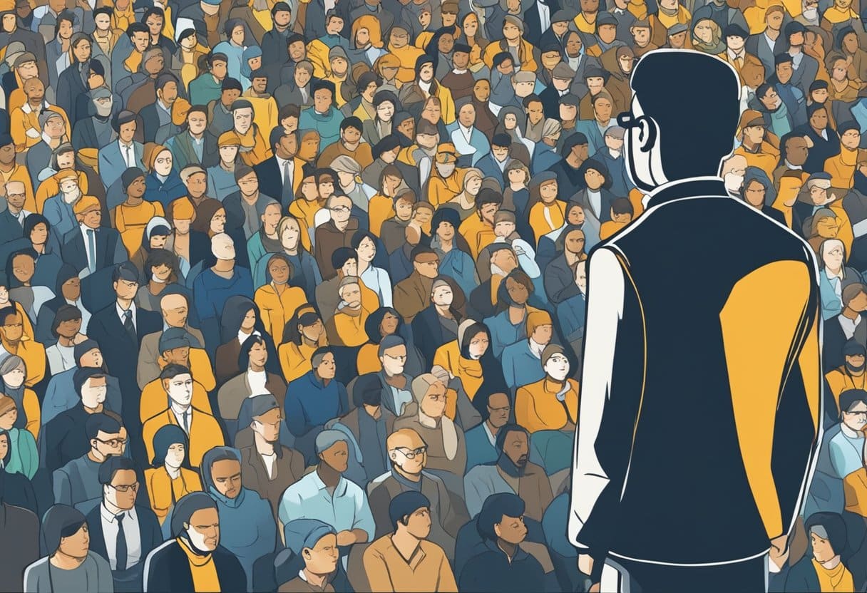 A person stands in front of a large audience, feeling anxious. The audience listens attentively, while the person uses various techniques to overcome their fear