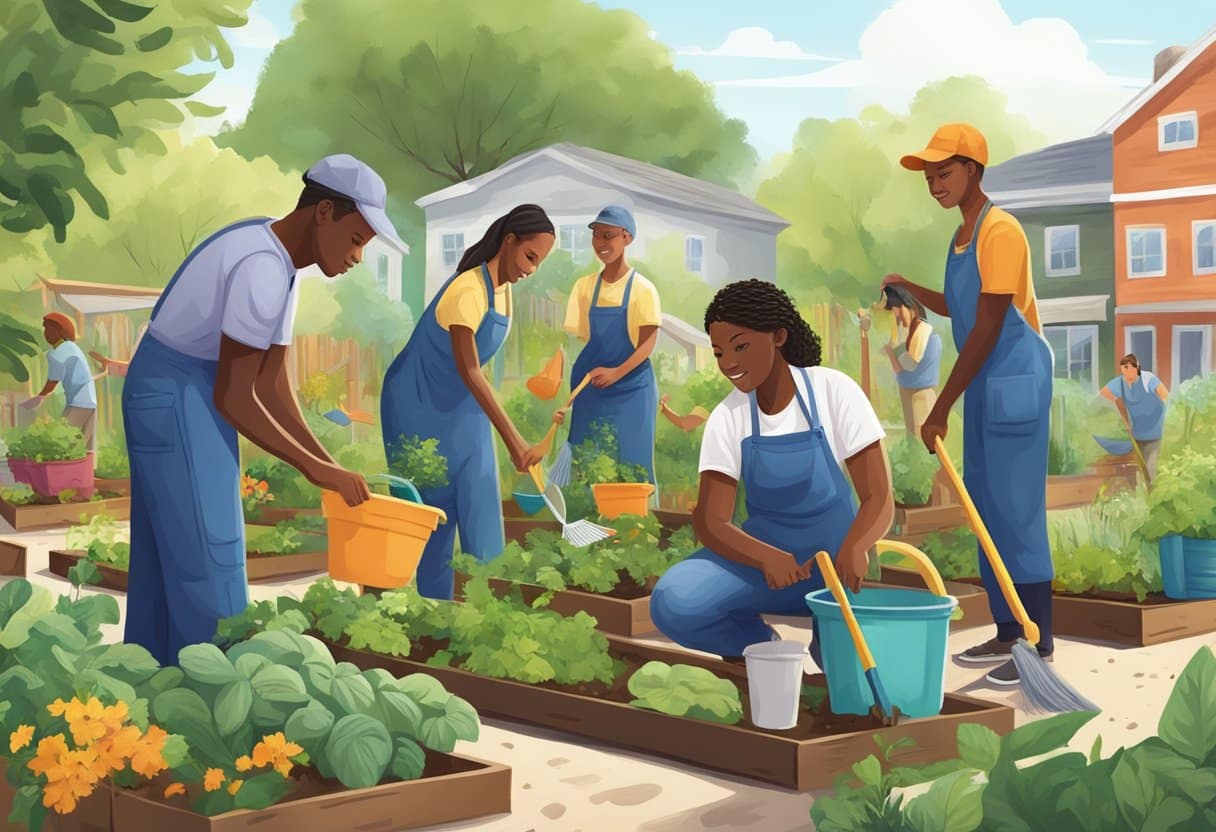 A group of diverse individuals working together in a community garden, cleaning up the environment, tutoring children, and assisting at a local food bank
