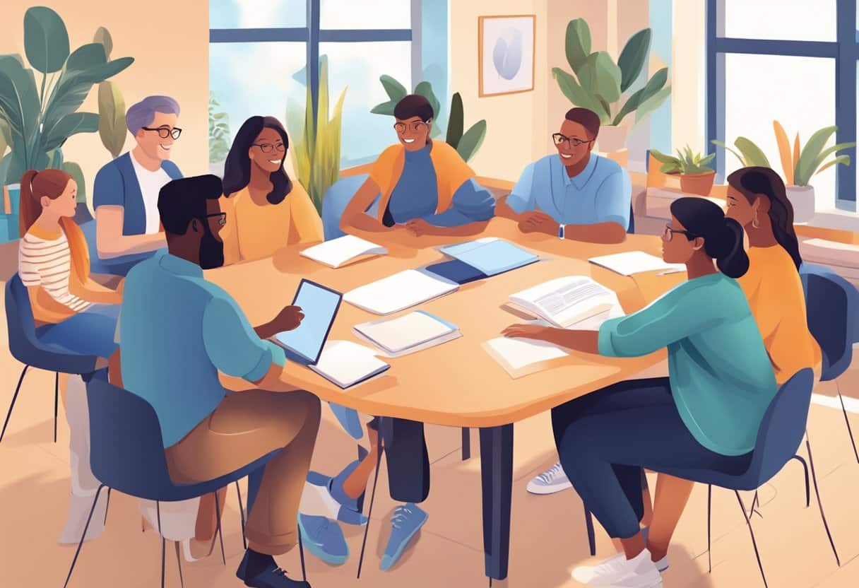 A group of people of different ages and backgrounds gather in a bright and welcoming space, engaging in tutoring and mentorship activities
