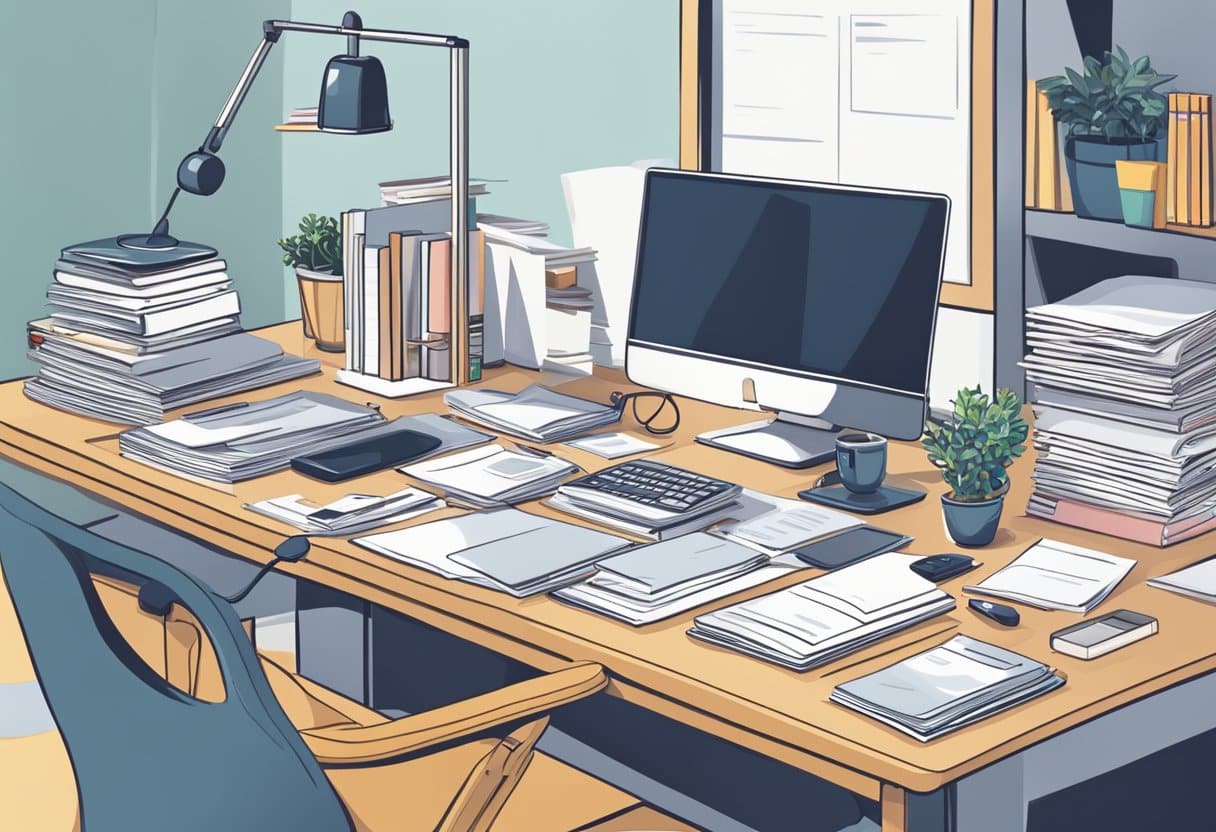A desk with a computer, phone, and files. A calendar with volunteer events. A stack of pamphlets and brochures. A person answering emails and making phone calls