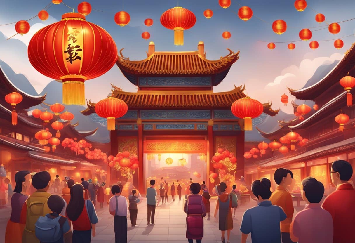 A festive Chinese New Year celebration with traditional decorations, red lanterns, dragon dance, fireworks, and cultural activities