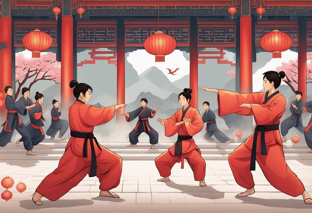 A group of students practicing Kung Fu in a traditional Chinese setting, surrounded by red lanterns and decorative paper dragons