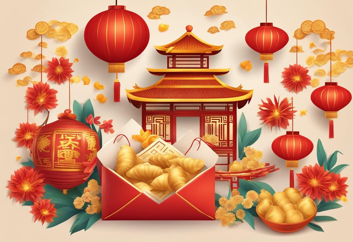 A traditional Chinese red envelope surrounded by symbolic Chinese New Year items like lanterns, dumplings, and fireworks