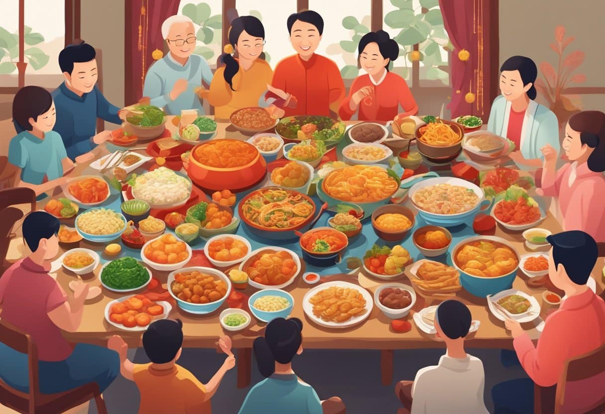 A festive table filled with traditional Chinese New Year foods and decorations, surrounded by joyful family members and friends